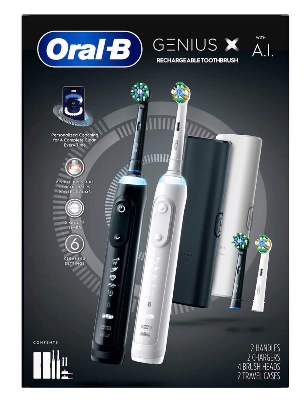 Oral-B Genius X Rechargeable Electric Toothbrush Twin Pack, Black and White